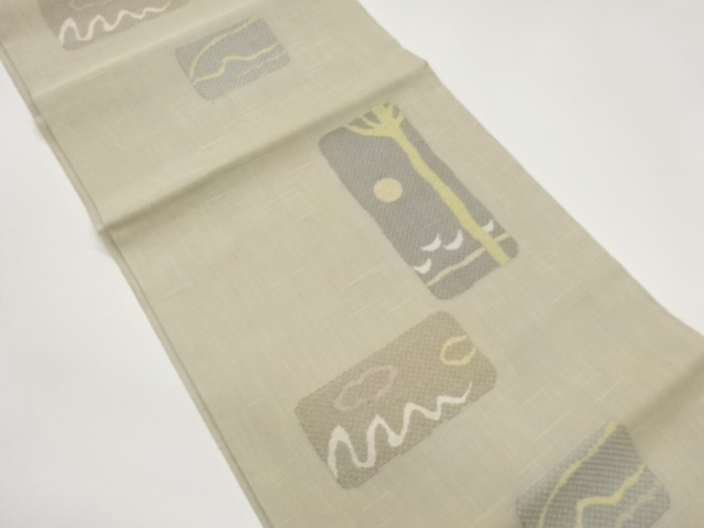 Gauze, open-fronted Nagoya obi with tree and abstract pattern on variegated shik